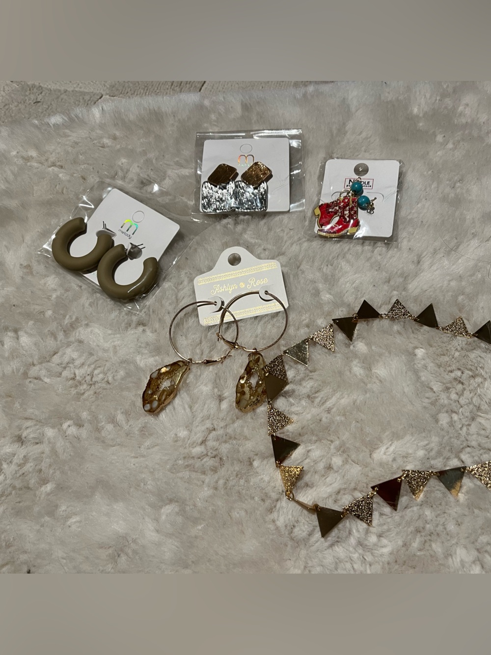 Assorted Fashion Earrings & Gold Triangle Necklace - Neutral Tones